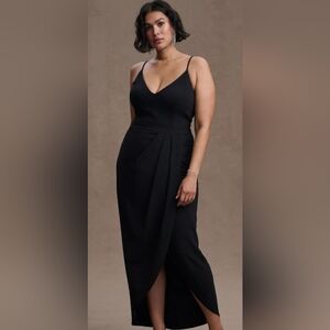 BHLDN Lyra V-Neck Faux-Wrap Stretch Crepe Midi Dress Black Size 10 Bridesmaid